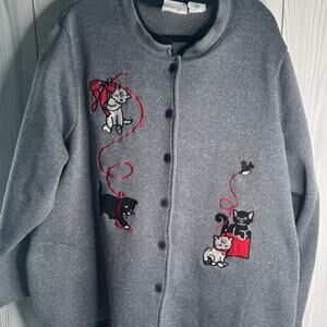 Vintage Kitty Cat Knit Button Cardigan 3XL Gray Embroidered Cat Lady Cottage